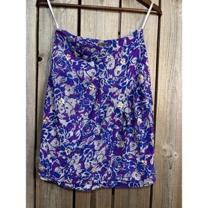 Fei Anthropologie Silk Mini Skirt Purple Blue Floral Sequin Lace Trim Size 2
